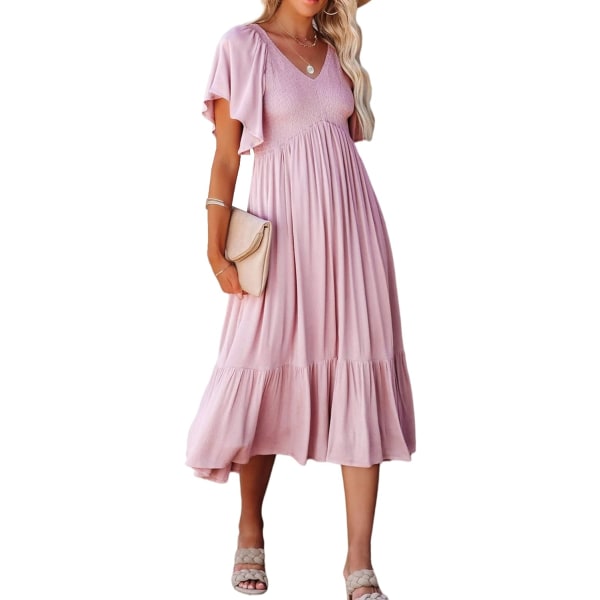 ivimos Dam sommar smockad kortärmad V-hals Casual Ruffle Patchwork Flowy Midiklänning Rosa Medium