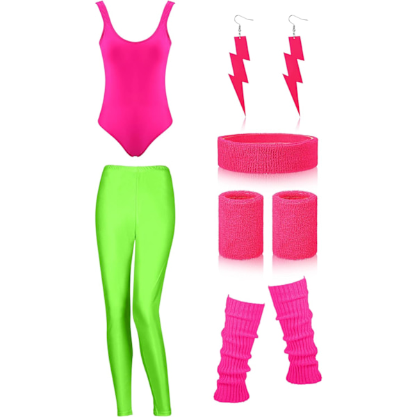 80-tals träningsdräkt accessoarer set leggings pannband handledsvärmare benvärmare örhängen för fest sport  Medium