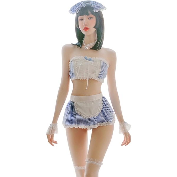 ORIO Anime Maid Uniform Söt Bule Vit Tartan Lingerie Sexig Cosplay Kostym Blå