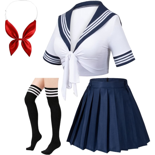anese Anime Schoolgirl Classic Sailor JK Harajuku Crop Top Tie up Plisserad kjol Uniform Seifuku Strumpor Rosett Set Vit Marinblå 3X-Large