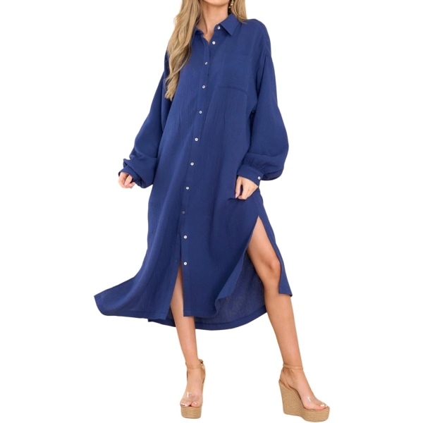 ivimos Dam långärmad bomull oversize klänning casual knäppning lös slits midiklänning med ficka marinblå X-Large