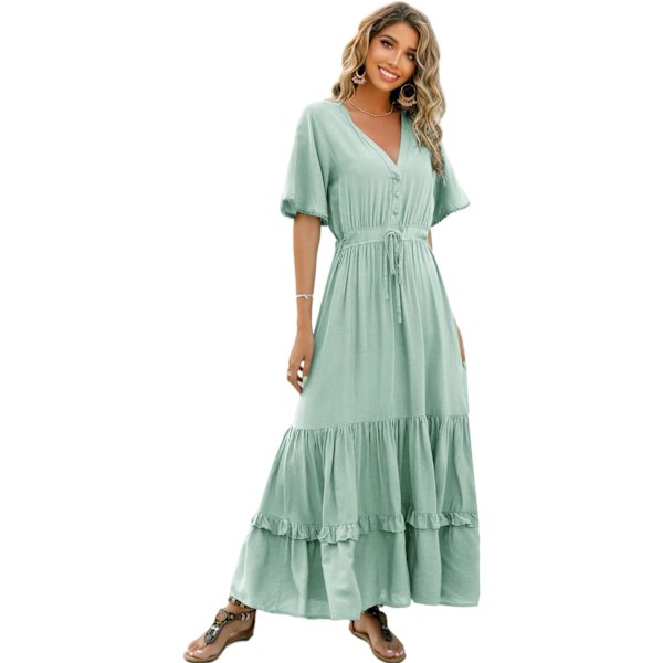 ivimos Dam Sommar Bomull Kortärmad V-hals Blommig Tryck Casual Bohemian Midiklänningar Sagegreen Stor