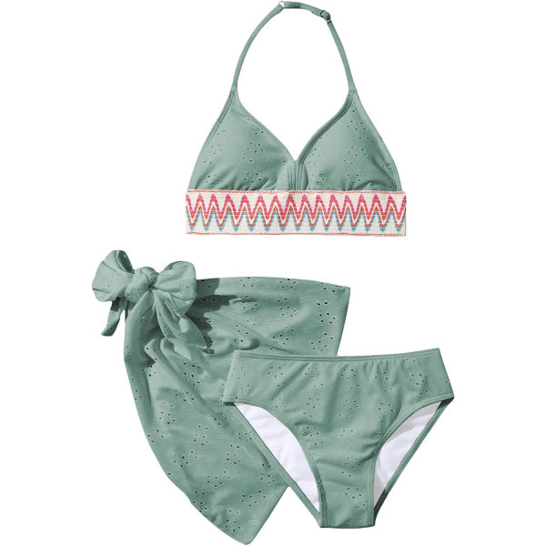 dusa Flickors 3-delade Halter Bikini Set Baddräkt med Överdragskjol Grön 8 år