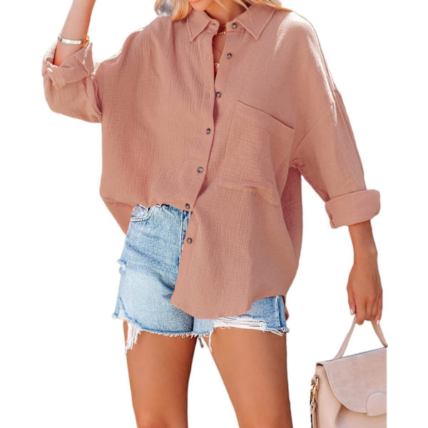 ivimos Dam höst bomull långärmad Oversized Lös Casual Button Down Skjortor Blusar med Fickan Tegelröd X-Large