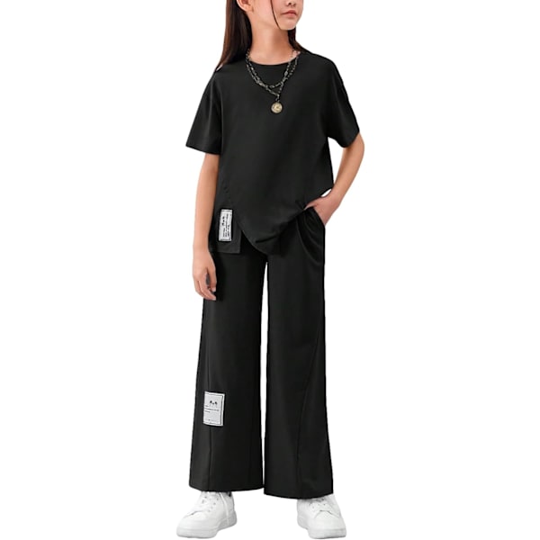 dusa Flickas 2-delade outfits Slit Hem Kortärmad Tee Top och byxor set Svart 8Y