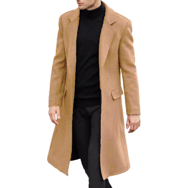 THRON Herr Casual Trenchcoat Slim Fit Notch Krage Lång Jacka Overcoat Enkelknäppt Peacoat med Fickor Khaki X-Large