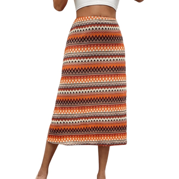 dusa Dam High Waist Slit Hem Rib Knit Midi Bodycon Kjole Orange Multi X-Large