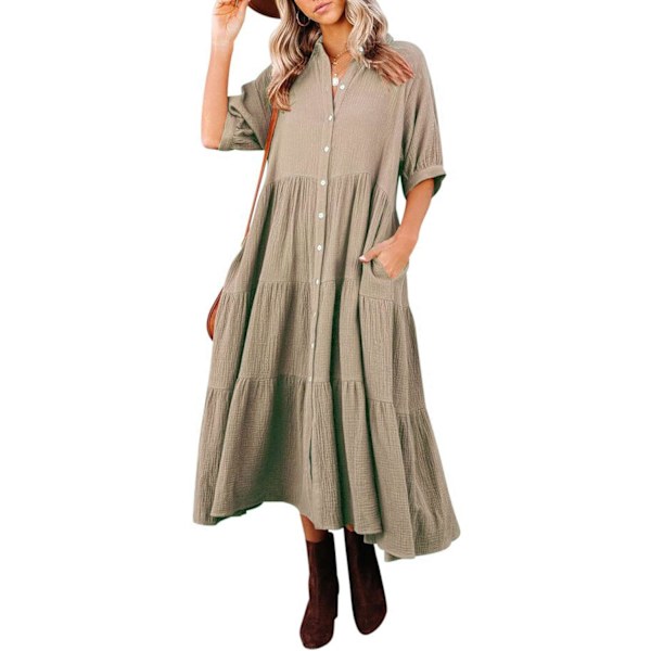 ivimos Dam Sommar Bomull Halv Ärmar Knapp Ned Casual Lös Slit Midi Klänning med Ficka Khaki Stor