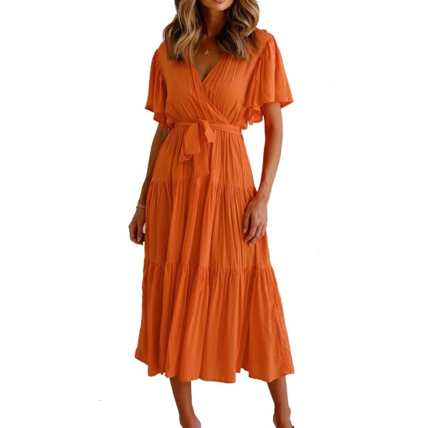 ivimos Sommarklänning för kvinnor Bomull Volang Korta ärmar V-ringning Casual Flowy Midiklänning med bälte Tangerine-short Large