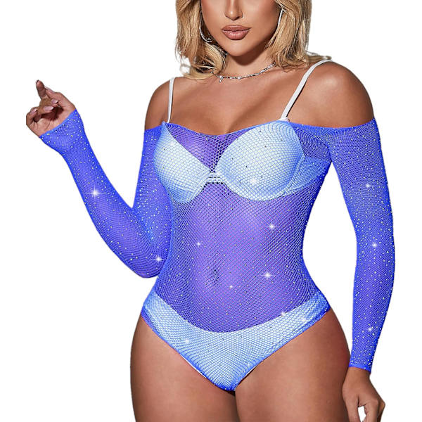 gnos Dam långärmad fisknät body off shoulder gnistrande strass en del body suits genomskinlig mesh teddy underkläder blå