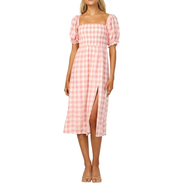 ivimos Sommarklänning för kvinnor Bomull Rutig Puffärmar Avslappnad Off-Shoulder Boho Sidoslits Midi Klänning Rosa-rutig Stor