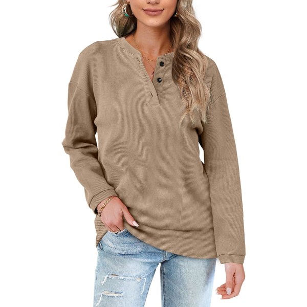 EFAN Dam Casual Sweatshirts Henley Button Up Långärmad Tunika Toppar 09-khaki X-Large