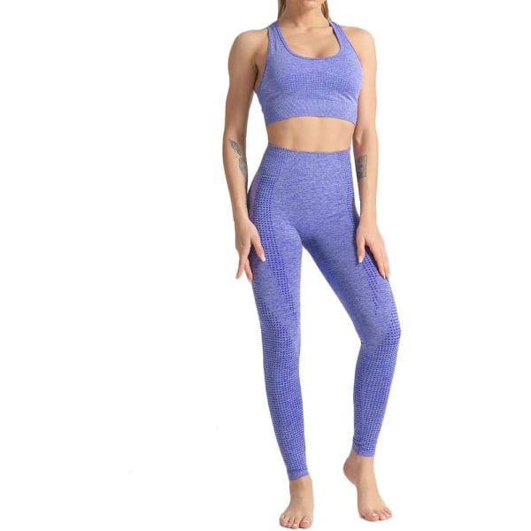 oWei Kvinnor 2-delad träningsoutfit Sport-BH Seamless Leggings Yoga Gym Activewear Set Blå Liten