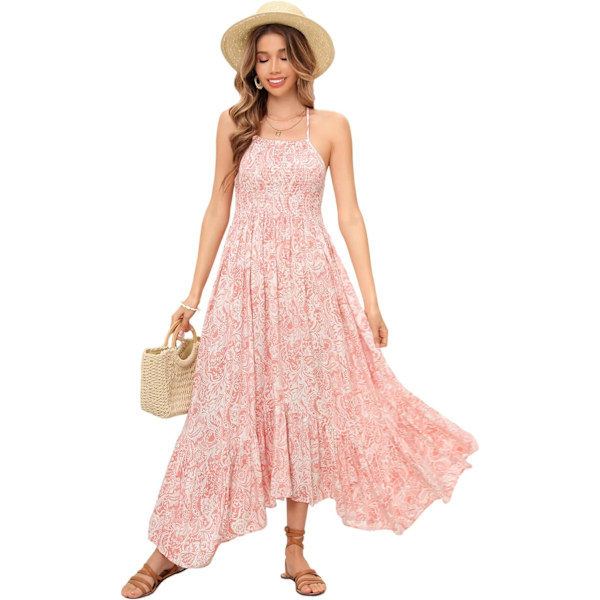 ivimos Dam Sommarklänning Spaghetti Rem Boho Blommig Tryck Smokad Rygglös Casual Volang Flytande Långa Klänningar Rosa Medium