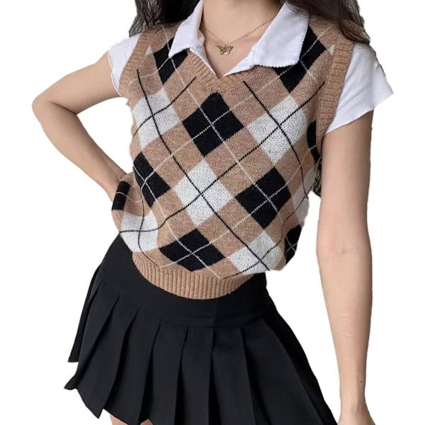 pels Argyle Sweater Vest Kvinnor y2k Rutig Stickad Streetwear Preppy Stil V-halsad Kort Stickad Skoltröja Tank Top för Flicka