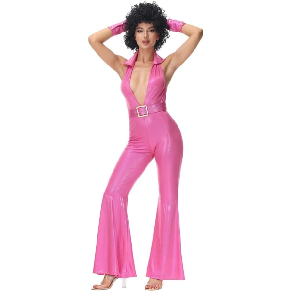 OM CASTLE 70-talsdräkt för kvinnor Vintage V-ringad paljettdräkt Disco-outfit Hippie Club Night Vuxen Halloween-dräkt Hot Pink X-Large