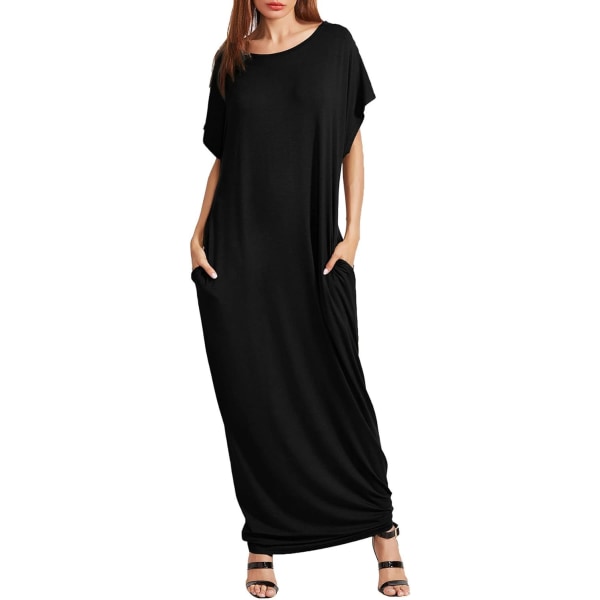 dusa Dam Short Sleeve Loose Long Maxi Lounge Klänning med Ficka #1 Svart XX-Large