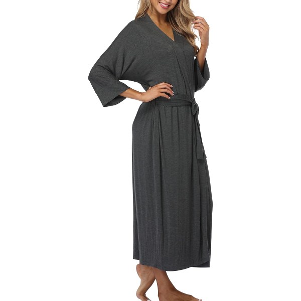 Mjuk lång morgonrock i modal, omslagsmodell, lätt kimono, hel lång stickad badrock med fickor, grå, liten