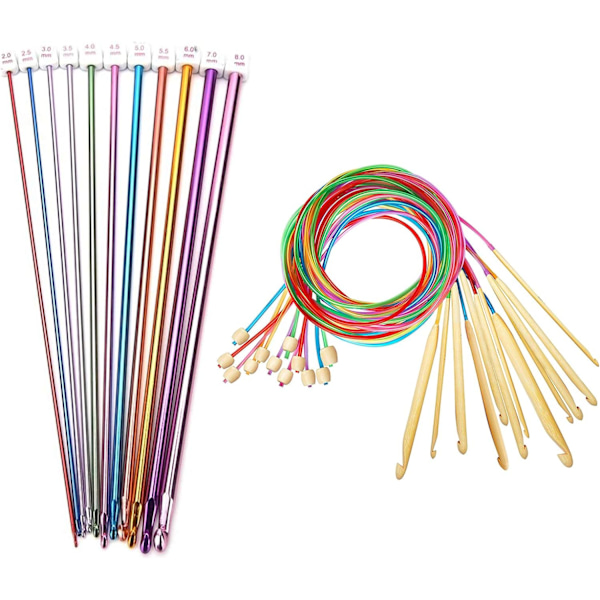 YYT 23 PCS Tunisisk virknålsset, 12 storlekar bambu virknålar (3,0 mm-10,0 mm) med 11 storlekar tunisiska afghanska aluminium stickningsnålar set (2 mm
