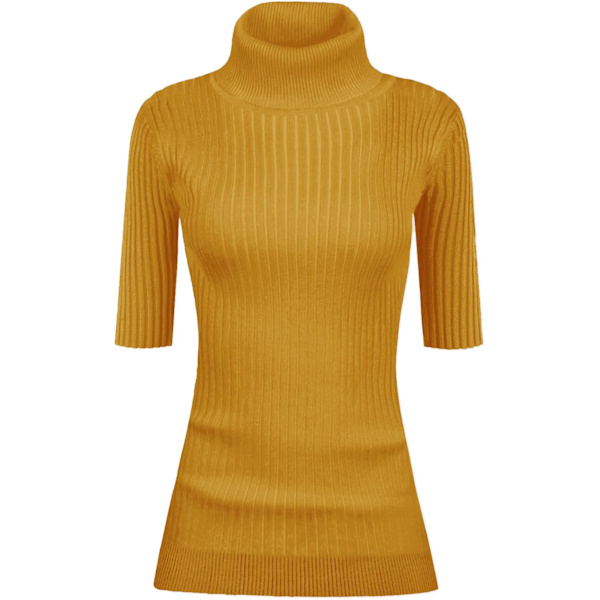 Dam Turtleneck 1/2 Halv Ärm Hög Stretch Ribbstickad Åtsittande Tröja Gurkmeja Liten