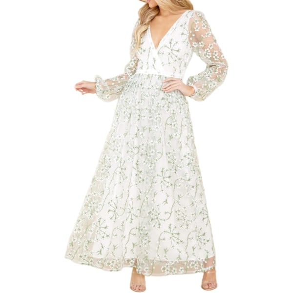 ivimos Dam Maxi Klänning Tulle Långärmad V-hals Blomsterbroderi Rygglös Casual Flytande A-linje Klänning Grön Medium
