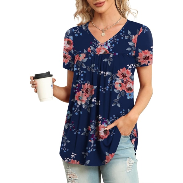 LASI Dam Sommartoppar V-ringning Korta Ärmar Casual Skjorta Flytande Tunika Blus Blå Blommig Medium