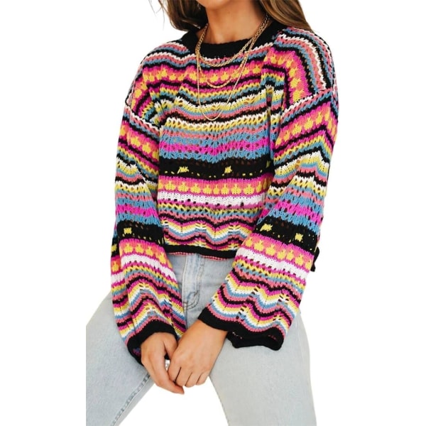 ivimos Dam höst vinter långärmad randig ihålig tröja pullover casual lös stickad tröja topp multi-svart liten