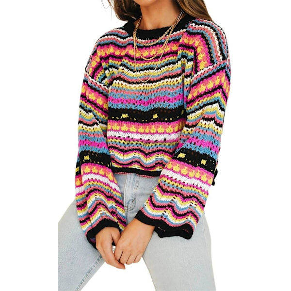 ivimos Dam långärmad randig urringad pullover tröja casual lös stickad tröja topp multi-svart medium