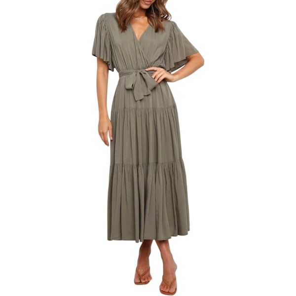 ivimos Sommarklänning för kvinnor Bomull Volang Korta ärmar V-ringning Casual Flowy Midiklänning med bälte Armygreen-short Medium