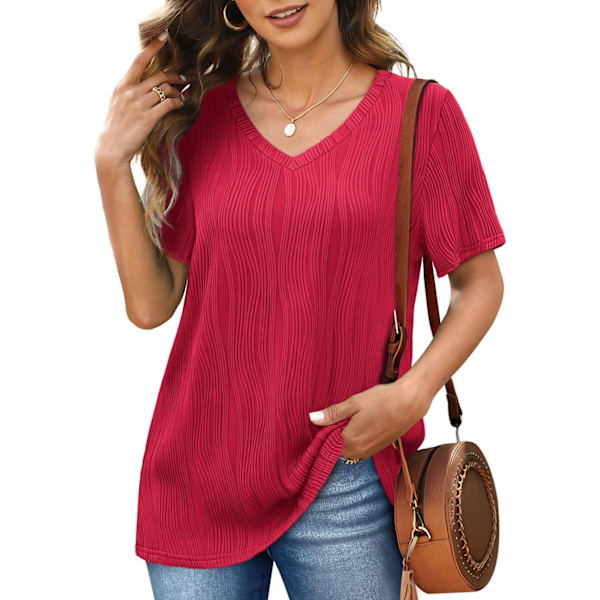 EFAN Dam V-hals Kortärmad T-shirt Sommar Stickad Texturerad Toppar Lös Passform Basic Tee Blus B06-röd Liten