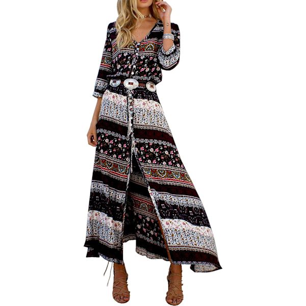 ivimos Dam Sommar Boho Knäppning V-hals Blommig Tryck Rulla Upp Avslappnad Split Strand Midi Klänningar Brun XX-Large