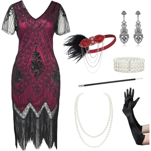 EYOND Plus Size 1920-tal Art Deco fransad paljettklänning Flapper Gatsby kostymklänning för kvinnor Set - Redblack XX-Large