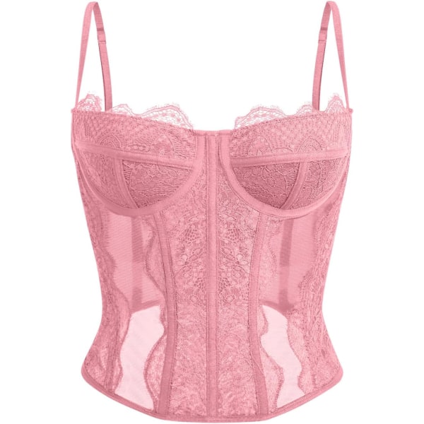 lmore Dam Sommar Spets Bustier Mesh Sexig Vintage Spaghetti Rem Öppen Rygg Benad Korsett Utgående Fest Crop Top Rosa X-Large