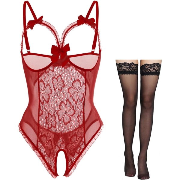 ureLove Damkläder Sexig Lingerie Öppen Kup Crotchless En-delad Teddy Lace Nattlinne A-vin Röd+stoc 3X-Large