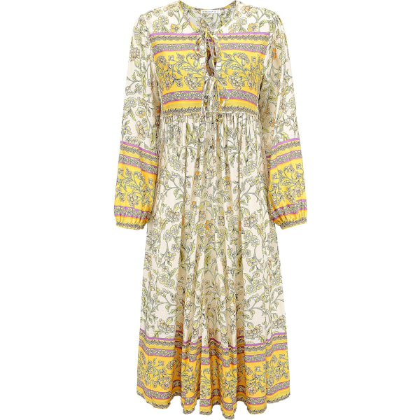 ivimos Dam långärmad blommig retro V-ringad tofs casual bohemisk midiklänningar vitgul X-Small