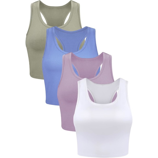 INIOR 4-delads Basic Crop linne ärmlösa Racerback sportlinnen i bomull för kvinnor (svart ljusrosa, blå stor