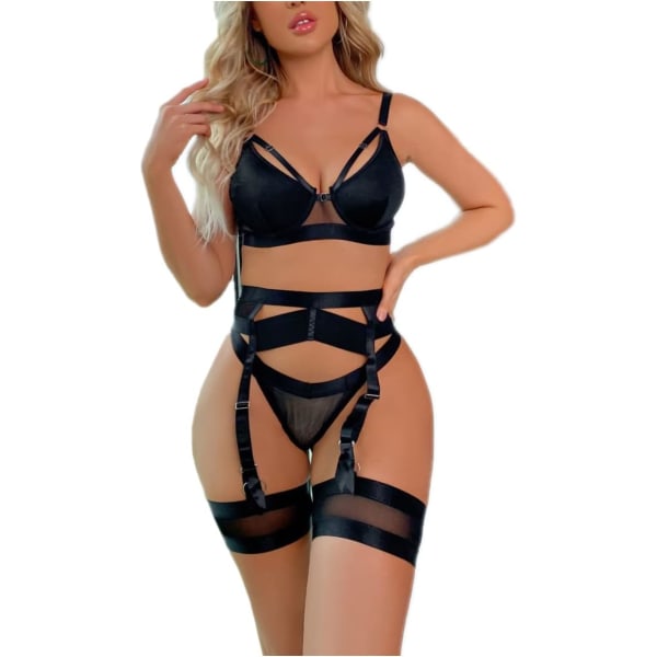 ESEA Dam Strumpebandslingerie Set, Strappy BH och Trosor Set, Genomskinlig Matchande 4 Delar Lingerie Set Svart Stor