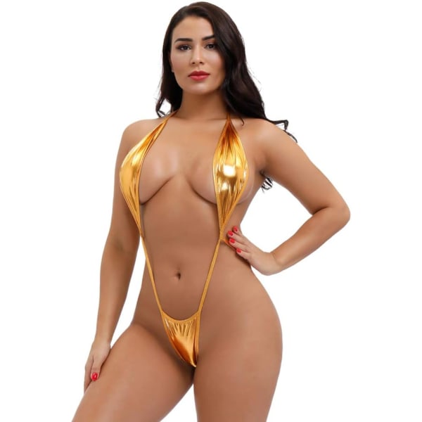 sv Teeny Weeny Sling Shot Halter Underkläder Babydoll Exotic Micro Mini Teddy Bodysuit One Piece Bikini Monokini Baddräkt Z-guld