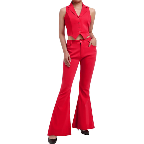 LDI Rosa Cowgirl-dräkt för kvinnor 70-tal 80-tal Hippie Disco-kläder Ärmlös väst Flare byxor set Halloween-festdräkt Röd X-Large