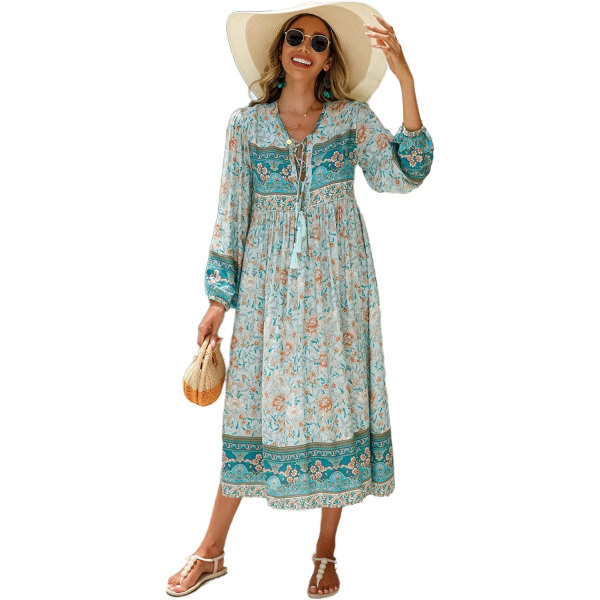 ivimos Dam långärmad blommig retro V-ringad tofs bohemisk midiklänning blåturkos XX-Large