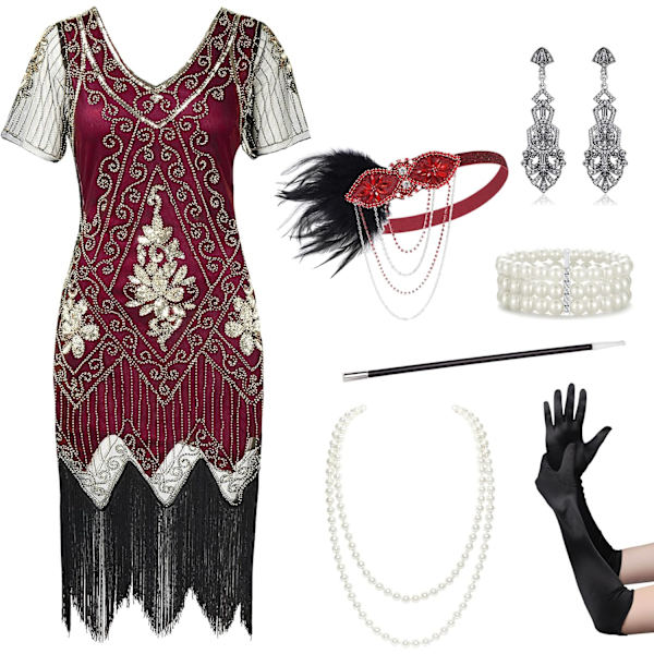 EYOND Plus Size 1920-tals Art Deco Fransad Paljettklänning Flapper Gatsby Kostymklänning för Kvinnor Set - Rödguld 4X-Large
