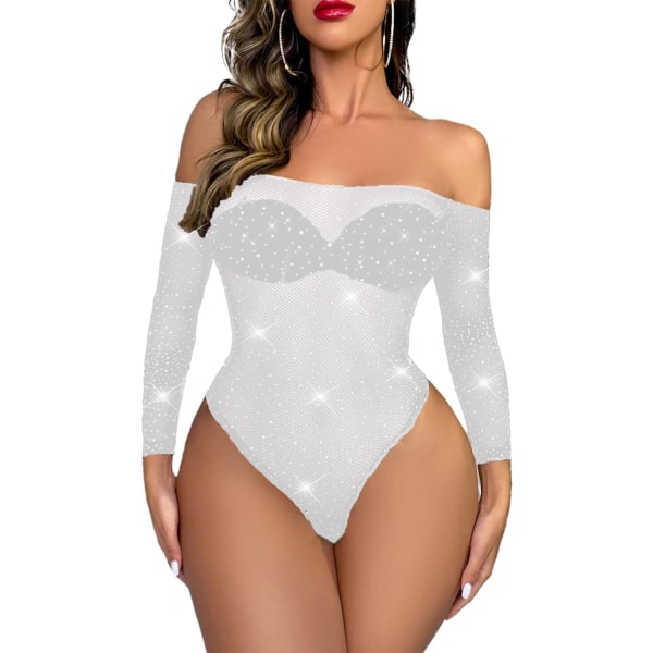 ute Dam Sexig Nätlingerie Teddy Mesh One Piece Babydoll Lingerie Sparkle Rhinestone Bodysuit Vit