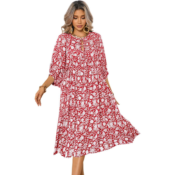 ivimos Dam Sommar Casual Midi Klänning Lykta Ärm Slips V-Hals Boho Blommig Tryck Lös Passform Flytande Långa Klänningar Röd Stor