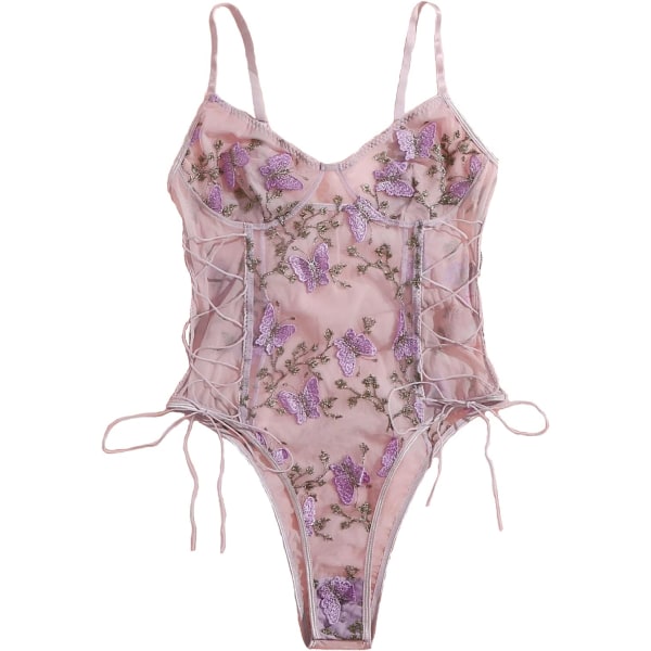 osy Kvinnor Sexig Spets Upp Blommig Broderad Teddy Lingerie Bodysuit Topp Mesh Sheer En Del Fjäril Ljus Liten