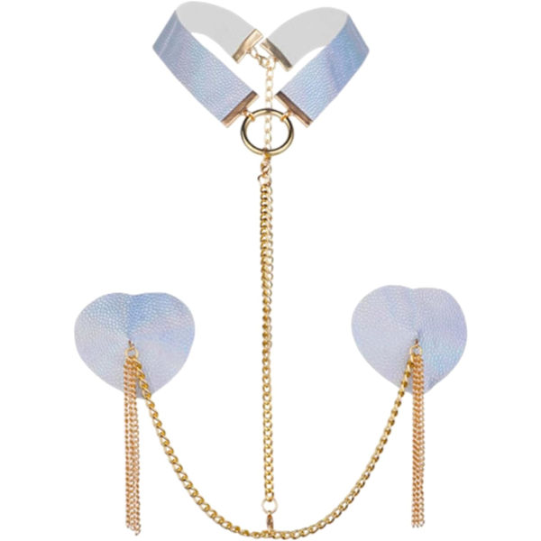YC PU-läder metallkedja bröstvårta täcker med choker, återanvändbara hjärtformade pasties bh sexig bondage kroppskedja