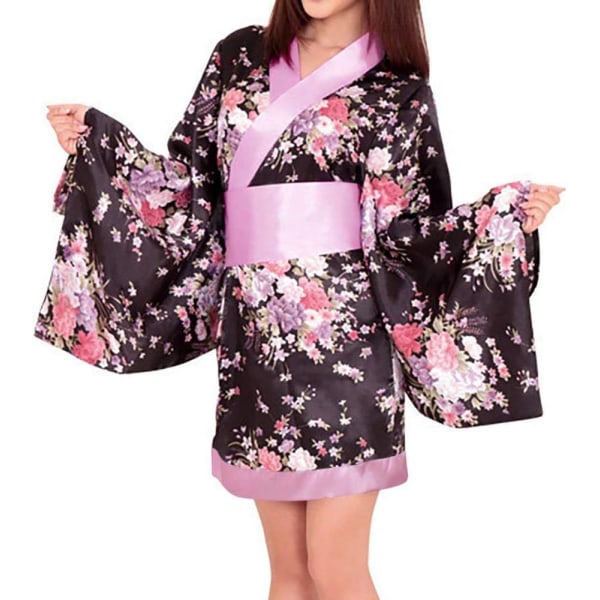 gH print för kvinnor Kimonoklänning Japansk kort Lolita Yukata Geisha dräkt Uniform Halloween Outfit Svart