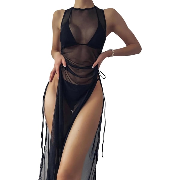 dusa Dam badkläder Mesh Cover Up Hög Split Dragsko Bikini Lång Klänning Svart Medium