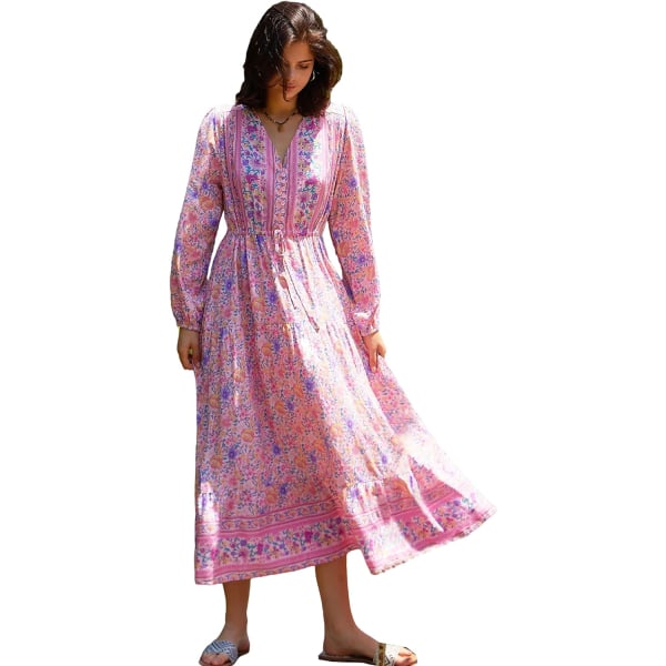 ivimos Långärmad bomull med V-ringad knapp för kvinnor med print Boho Flowy Midi-klänningar Pink#2 Small