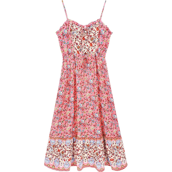 ivimos Dam Sommar Bomull Remmar Knäpp Upp Blommig Tryck Casual Boho Flytande Midi Klänning Coralred#2 Medium