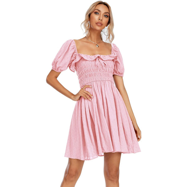 ivimos Dam Sommar Bomull Kortärmad Kvadratisk Hals Elastisk Smokad Volang Blommig Tryck Gunga Miniklänning Rosa X-Large